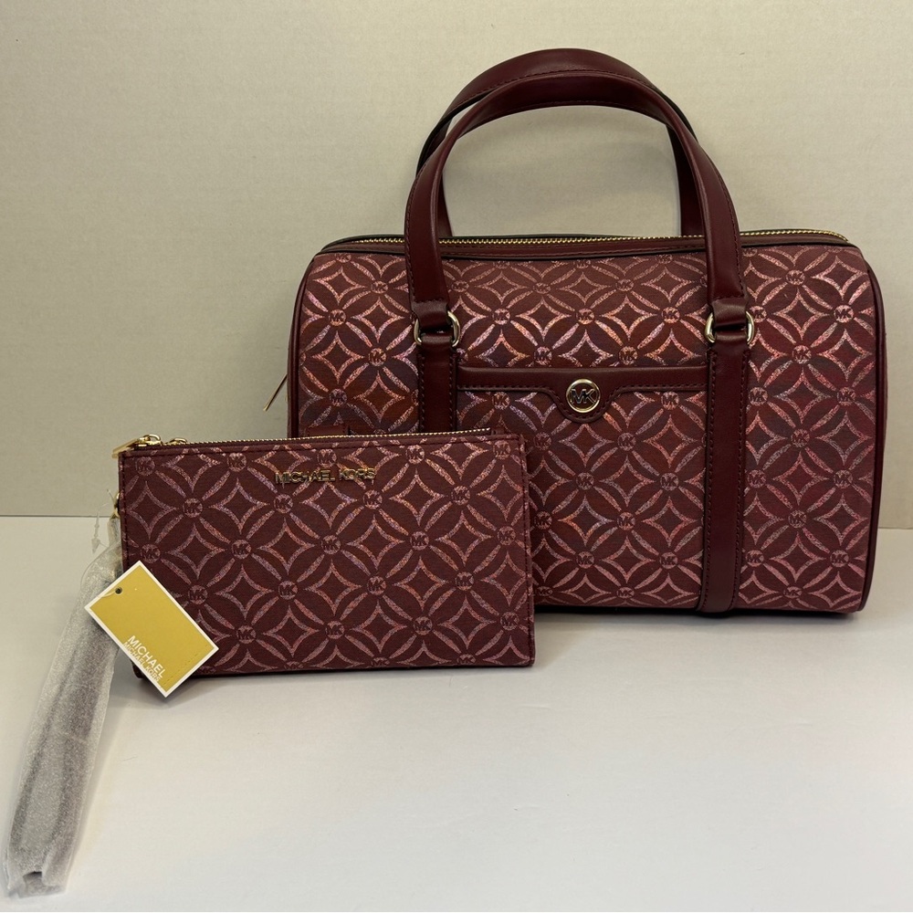 Michael Kors Metallic Logo Jacquard MD Duffel Crossbody Bag and Wristlet Set